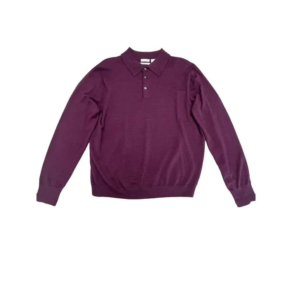 Madison Men's Large Fine Merino Wool Burgundy‎ Long Sleeve Pullover Polo Sweater